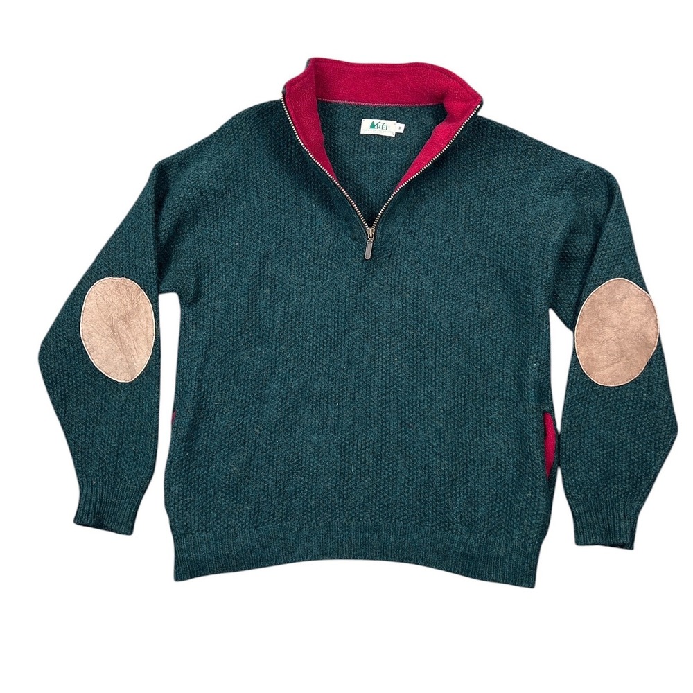 90s REI Sweater Mens Medium Green Quarter Zip Fleece Collar Elbow Patch Wool